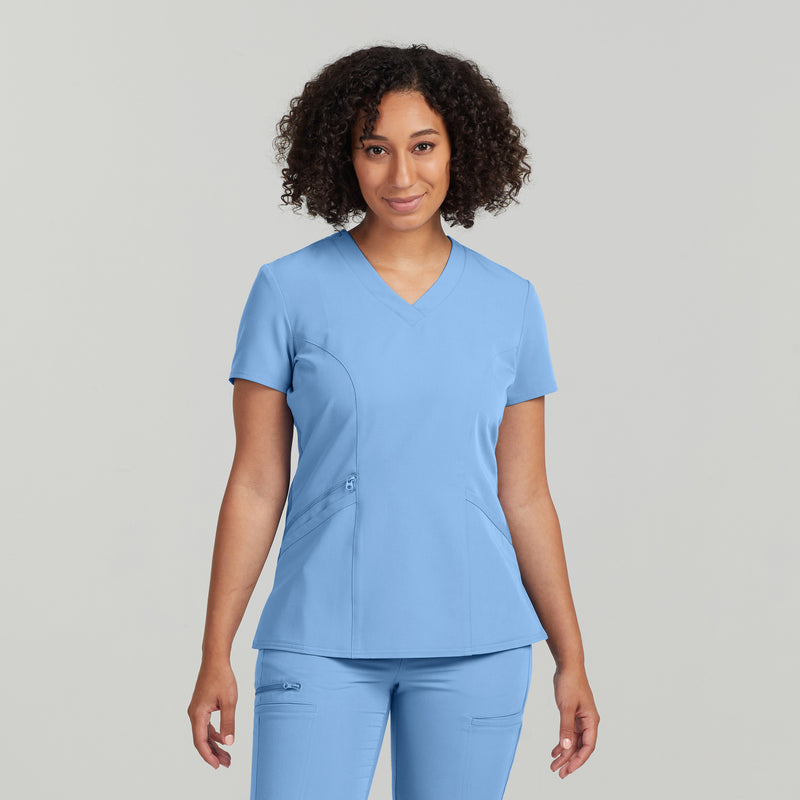 Ceil Blue - White Cross V-Tess Women's 3 Pocket V-Neck Scrub Top for Nursing