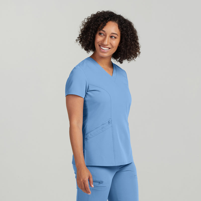 Ceil Blue - White Cross V-Tess Women's 3 Pocket V-Neck Scrub Top for Nursing