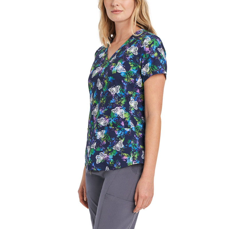 Psychedelic Butterfly - White Cross Prints Women's 2 Pocket V-Neck Printed Scrub Top for Nursing
