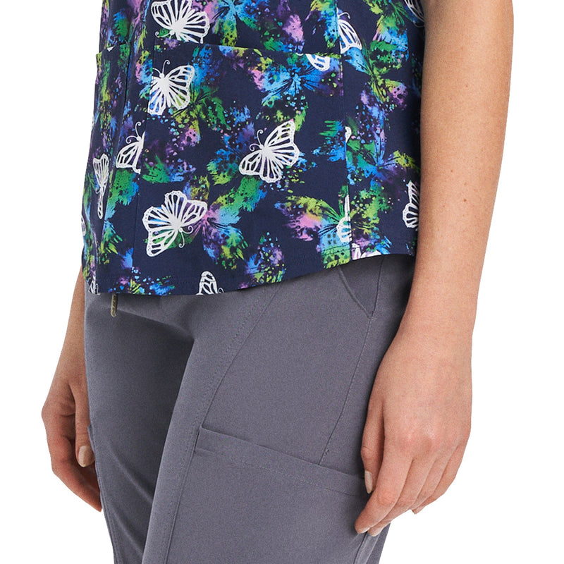 Psychedelic Butterfly - White Cross Prints Women's 2 Pocket V-Neck Printed Scrub Top for Nursing