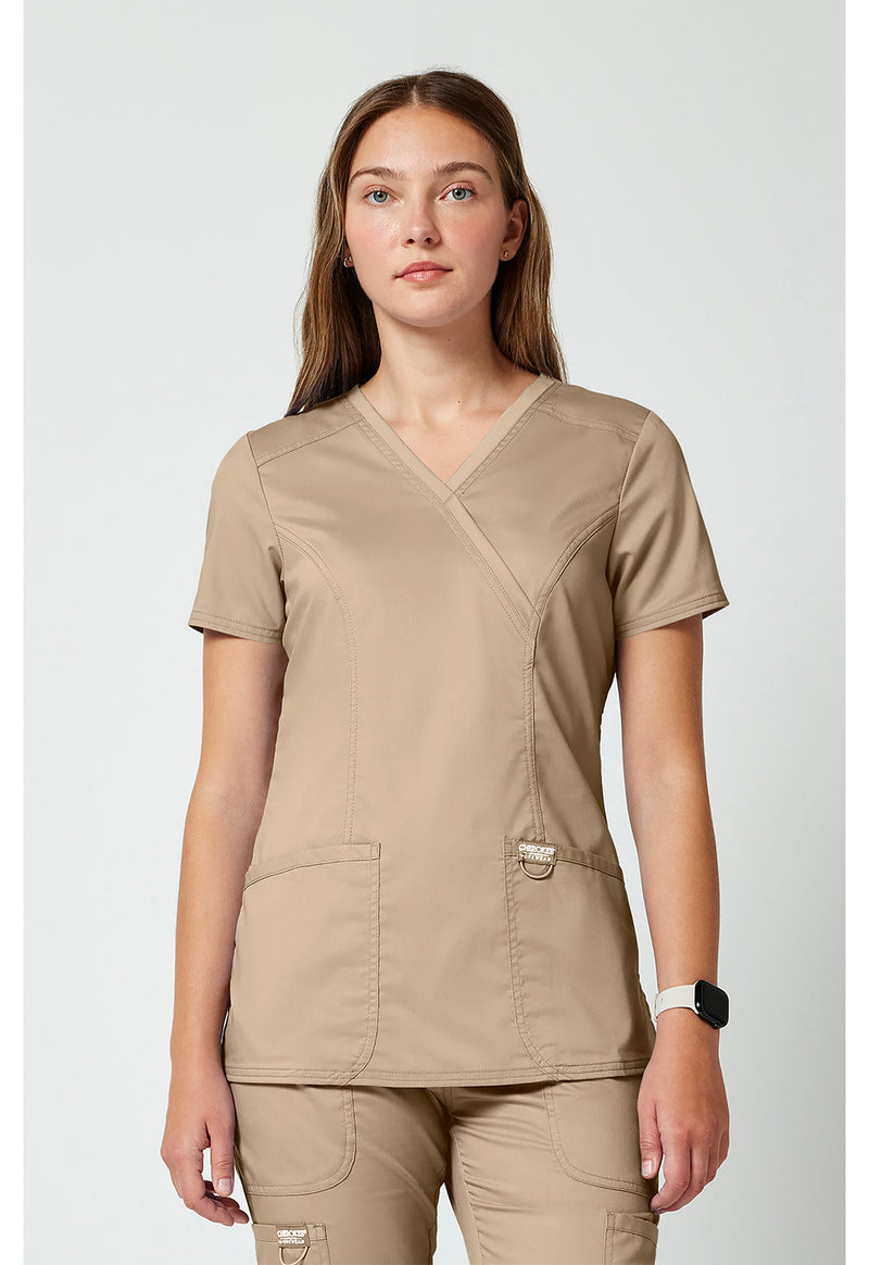 Khaki - Cherokee WW Revolution Women Scrub Top - Front View