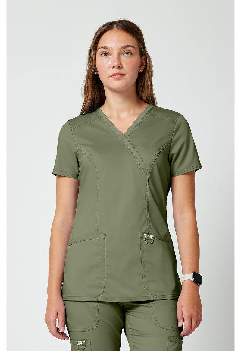 Olive - Cherokee WW Revolution Women Scrub Top - Front View