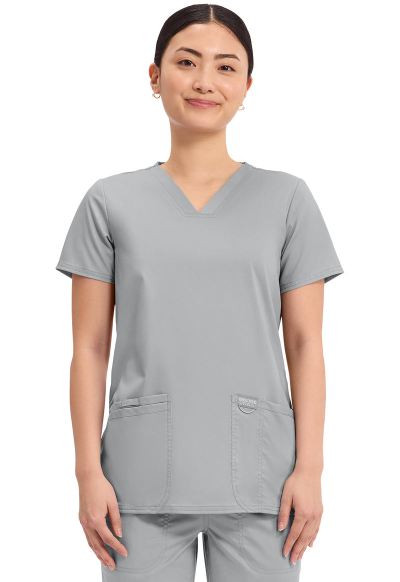 Grey - Cherokee WW Revolution Women Scrub Top - Front View