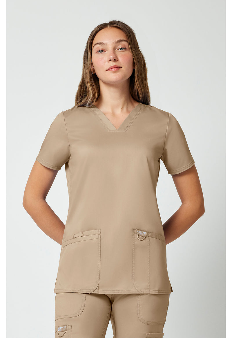 Khaki - Cherokee WW Revolution Women Scrub Top - Front View
