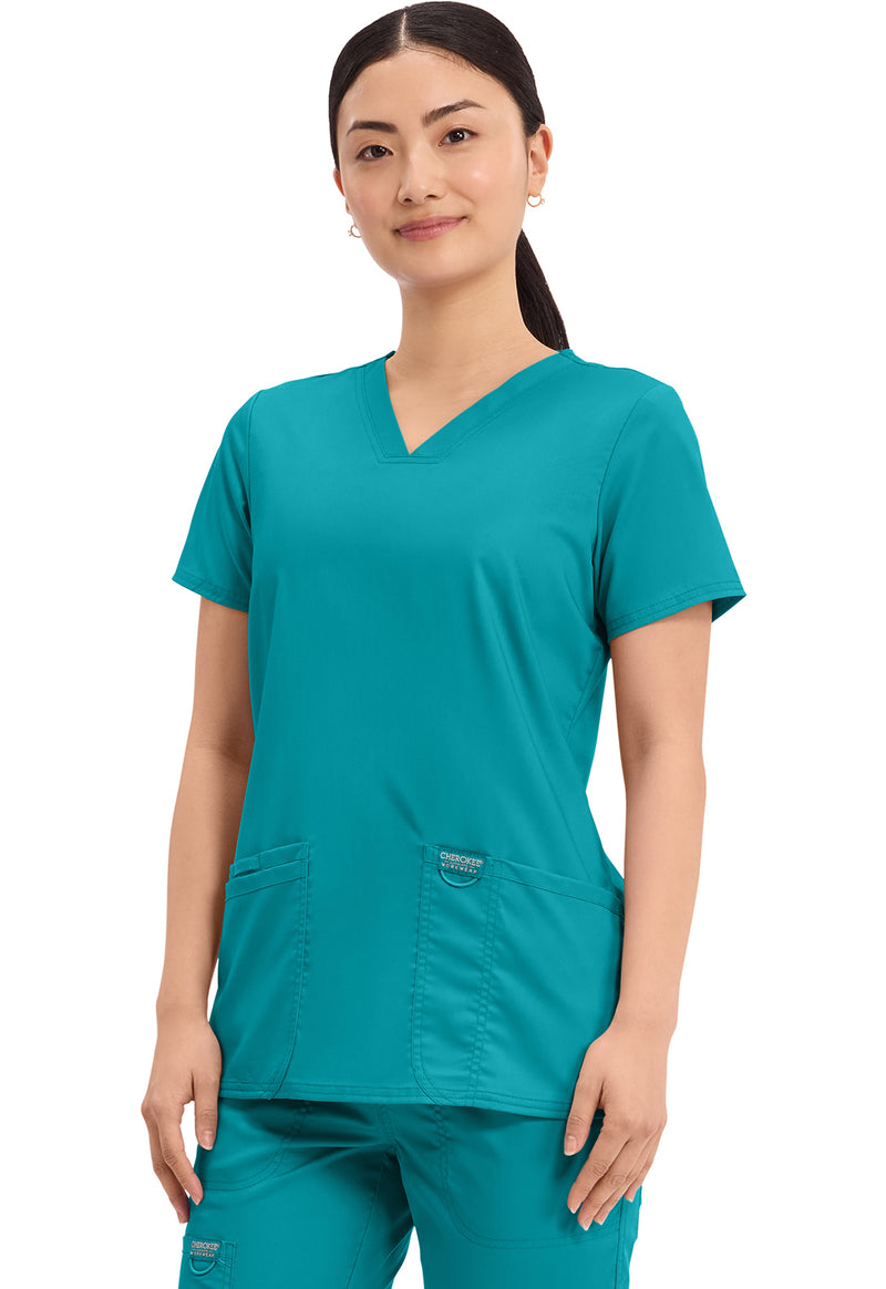 Teal Blue - Cherokee Cherokee WW Revolution Women's Scrub Top - Left Side View