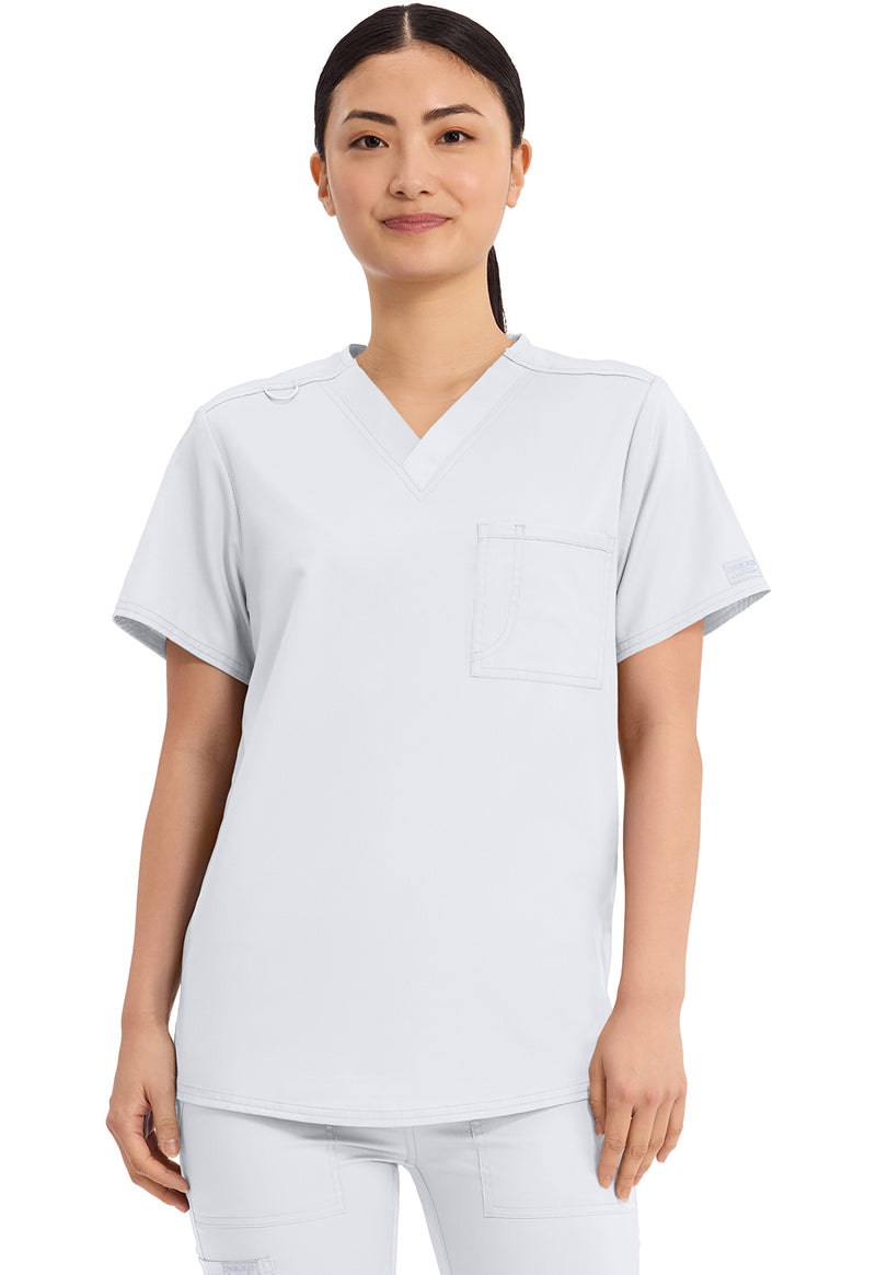 White - Cherokee WW Revolution Unisex Scrub Top - Front View