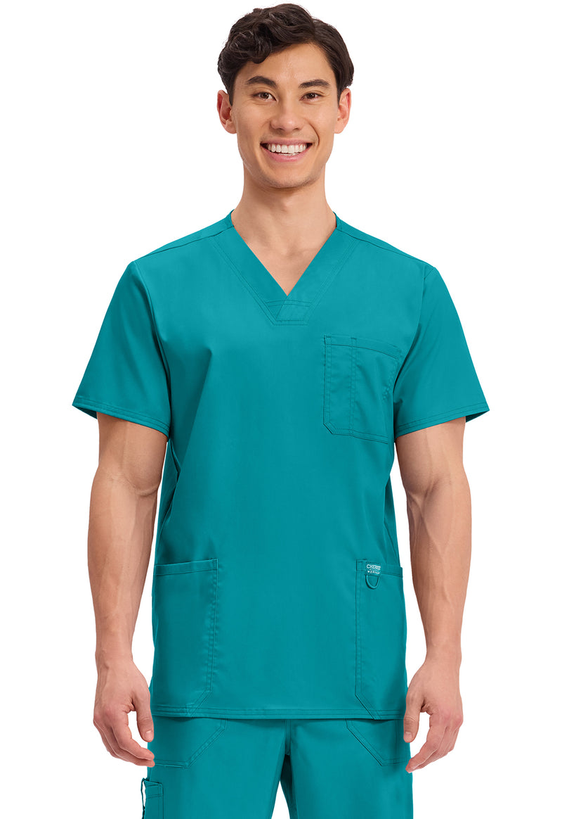 Teal Blue - Cherokee WW Revolution Men's Scrub Top - Front View