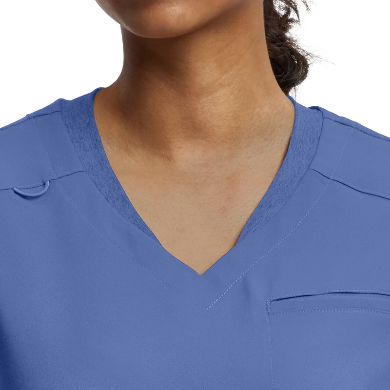 Electric Purple - White Cross 2-Pocket V-Neck Scrub Top - Detail View