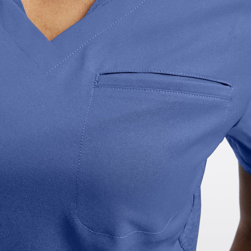 Electric Purple - White Cross 2-Pocket V-Neck Scrub Top - Detail View