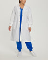 White - White Cross Core Unisex 3 Pocket Full Length Snap Front Knit Cuff Medical Lab Coat for Healthcare Professionals