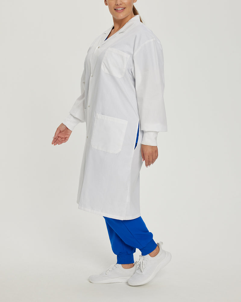 White - White Cross Core Unisex 3 Pocket Full Length Snap Front Knit Cuff Medical Lab Coat for Healthcare Professionals