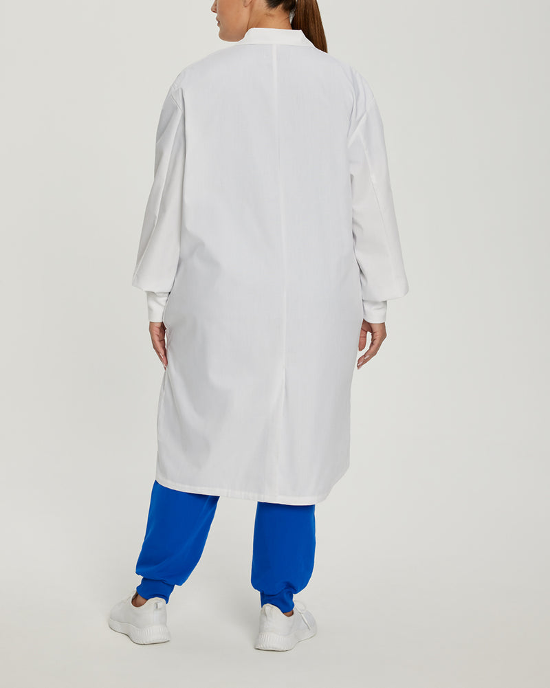 White - White Cross Core Unisex 3 Pocket Full Length Snap Front Knit Cuff Medical Lab Coat for Healthcare Professionals
