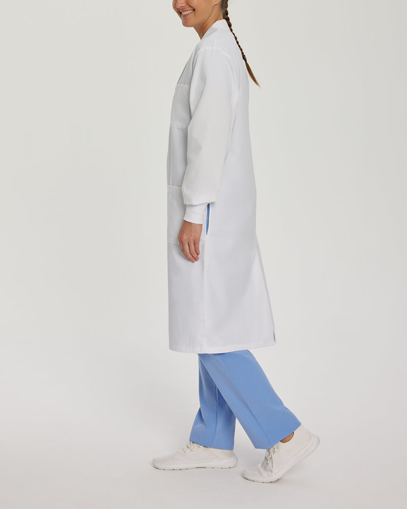 White - White Cross Core Unisex 3 Pocket Full Length Snap Front Knit Cuff Medical Lab Coat for Healthcare Professionals
