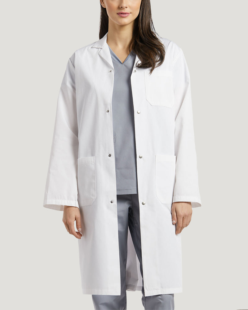 3-Pocket Full-Length Unisex White Coat with Snap Front Closure