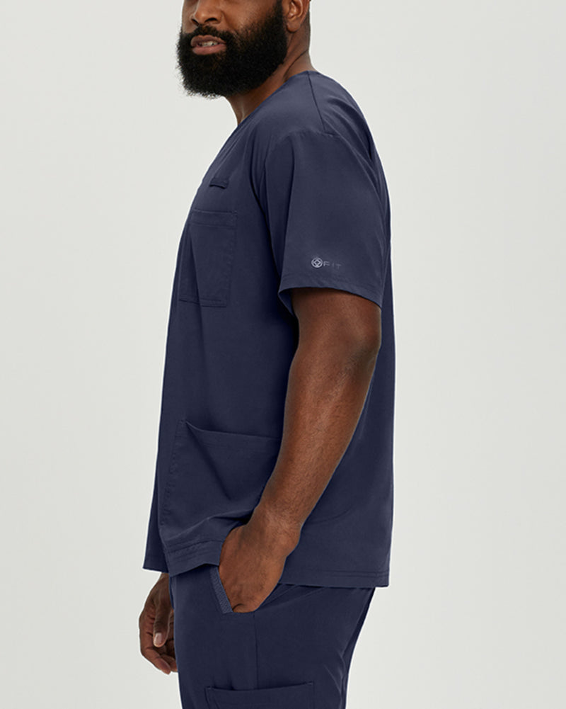 Navy - White Cross Fit Men's 3 Pocket V-Neck Moisture Wicking Scrub Top for Nursing