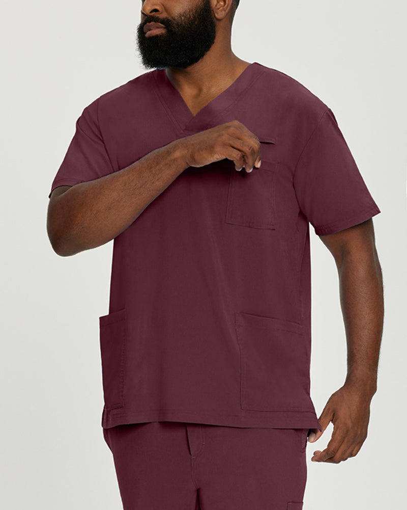 Wine - White Cross Fit Men's 3 Pocket V-Neck Moisture Wicking Scrub Top for Nursing