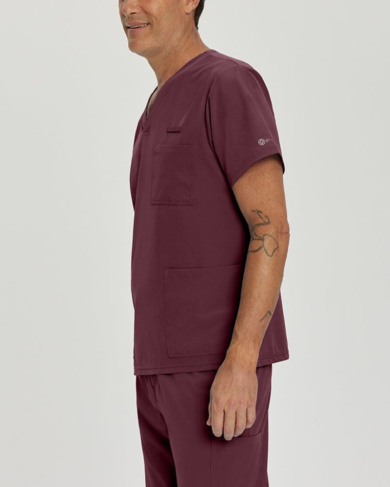 Wine - White Cross Fit Men's 3 Pocket V-Neck Moisture Wicking Scrub Top for Nursing