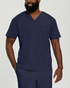 Navy - White Cross Fit Men's 3 Pocket V-Neck Mesh Panel Moisture Wicking Scrub Top for Nursing