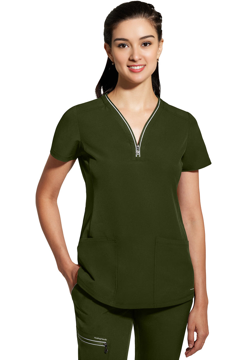 Dark Pine - Healing Hands 360 Women Scrub Top - Front View