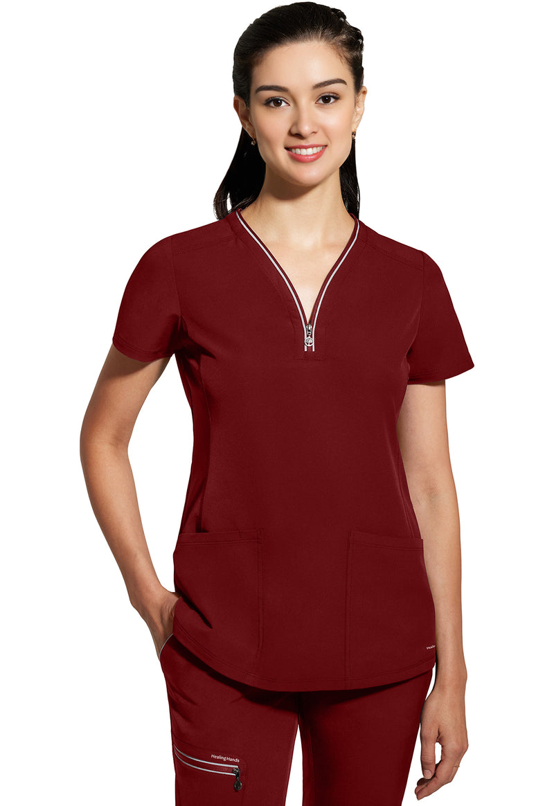 Garnet Red - Healing Hands 360 Women Scrub Top - Front View