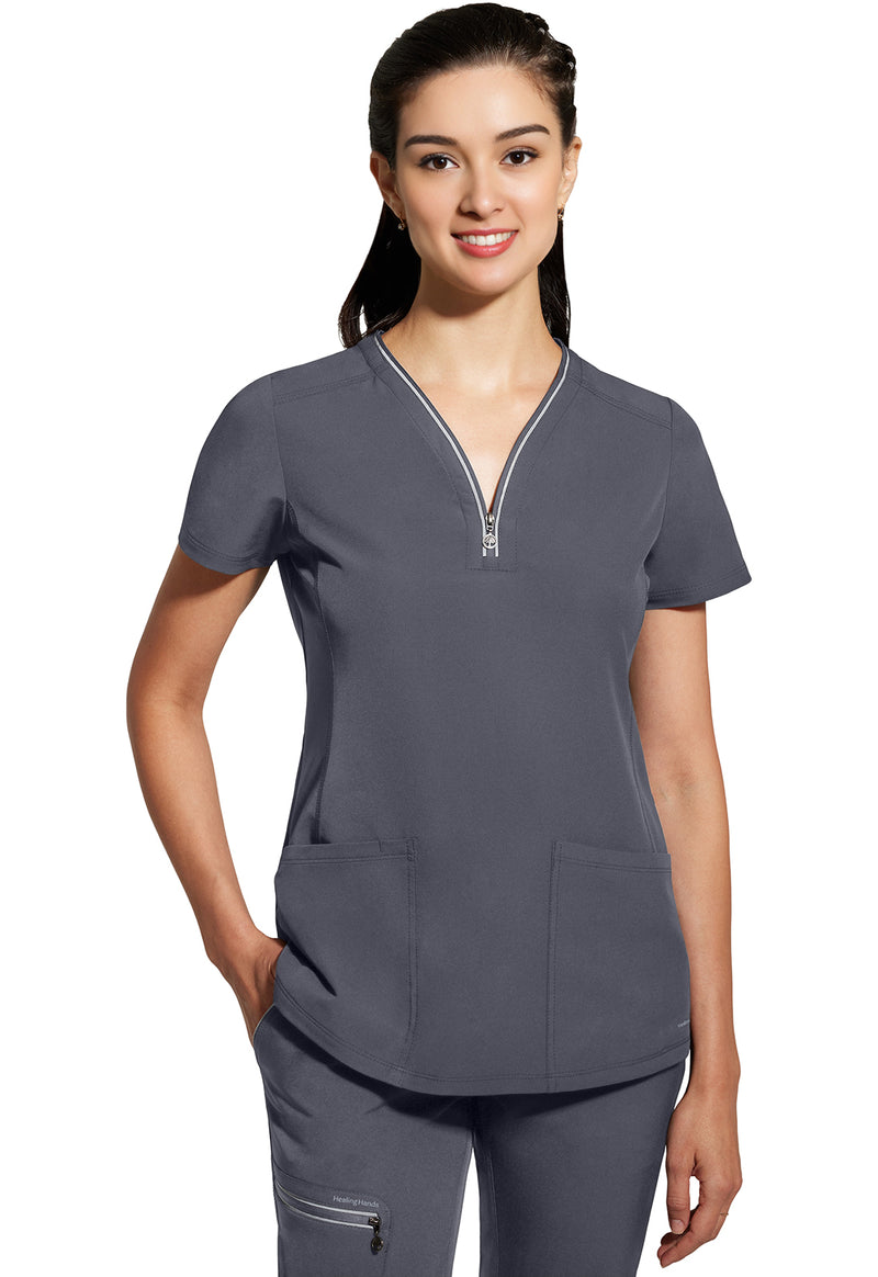 Pewter - Healing Hands 360 Women Scrub Top - Front View
