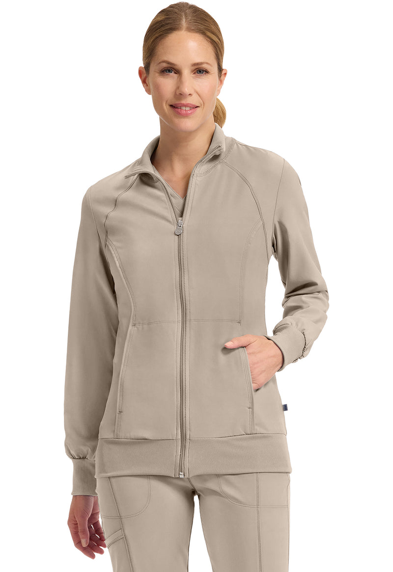 Khaki - Cherokee IN Infinity Women Scrub Jacket - Front View