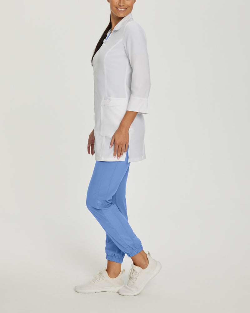 White - White Cross Fit Women's 3 Pocket Zip Front Mid-Length Medical Lab Coat for Healthcare Professionals