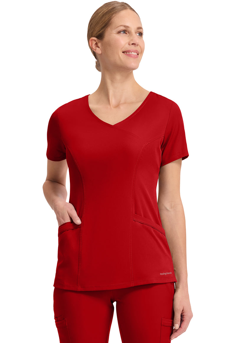 Red - Healing Hands Works Women Scrub Top - Front View