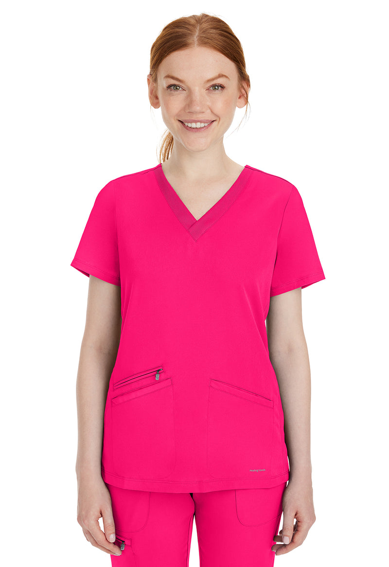 Carnation Pink - Healing Hands Works Women Scrub Top - Front View