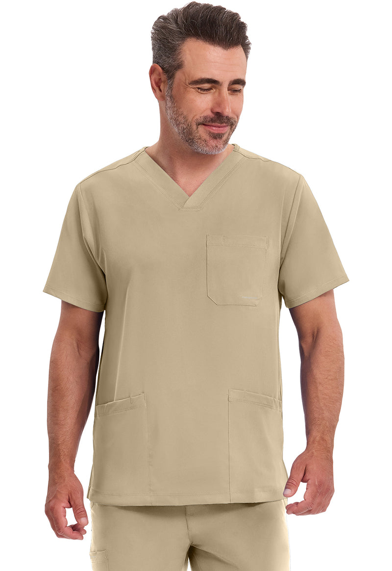 Khaki - Healing Hands Works Men Scrub Top - Front View