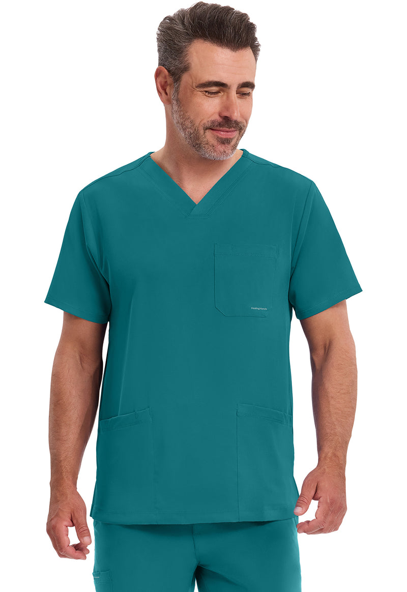 TEAL - Healing Hands Works Men Scrub Top - Front View