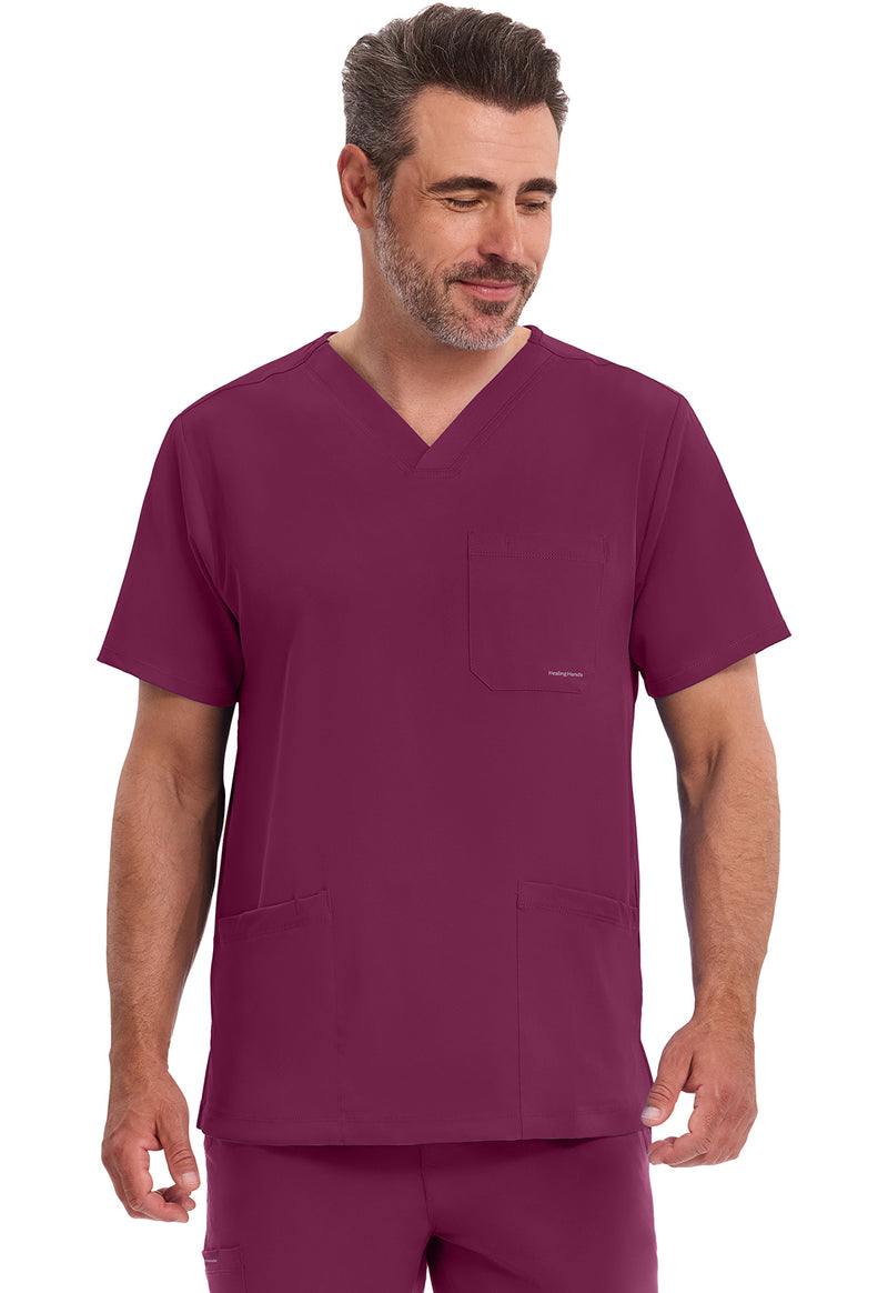 Wine - Healing Hands Works Men Scrub Top - Front View