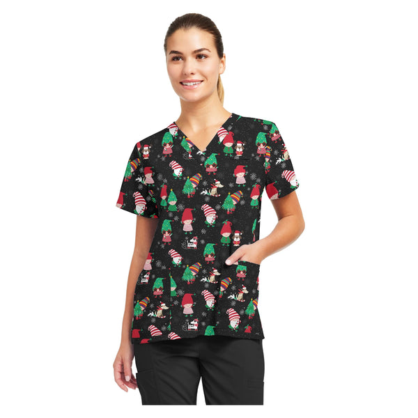 White Cross Prints Women's 3 Pocket Printed V-Neck Scrub Top for Nursing