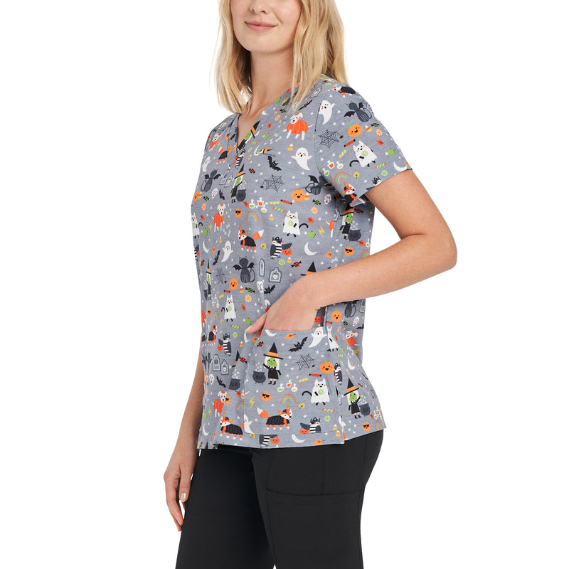 Spooky Animal Fun - White Cross Women's Scrub Tops - Side View