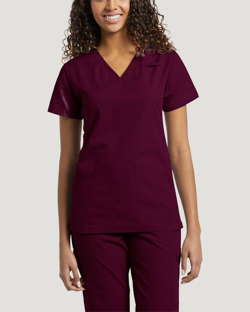 Burgundy - White Cross Core Women's 2 Pocket V-Neck Scrub Top for Nursing