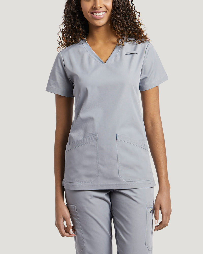 Grey - White Cross Core Women's 2 Pocket V-Neck Scrub Top for Nursing