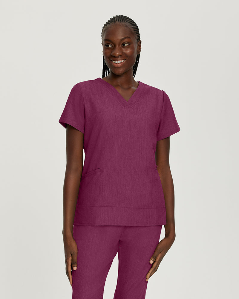 Raspberry Coulis - White Cross V-Tess Women's 3 Pocket V-Neck Scrub Top for Nursing
