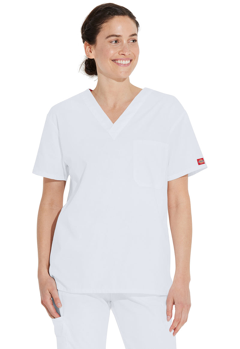 White - Dickies EDS Signature Unisex Scrub Top - Front View