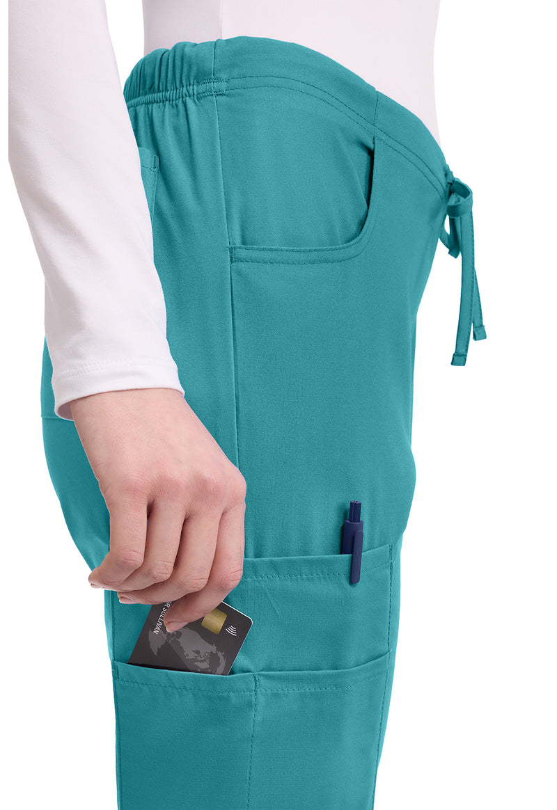 Teal Blue - Women's Mid Rise Drawstring Cargo Scrub Pants – Petite (View 2)