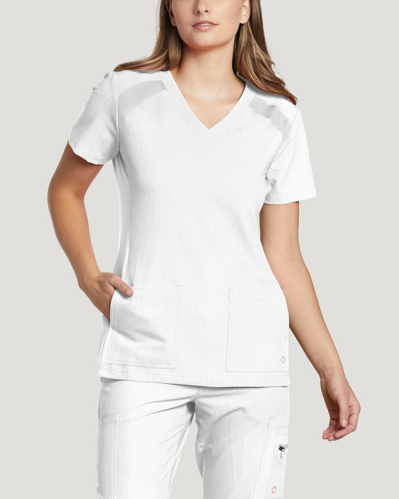 White - White Cross V-Tess Women's 4 Pocket Athletic V-Neck Scrub Top for Nursing