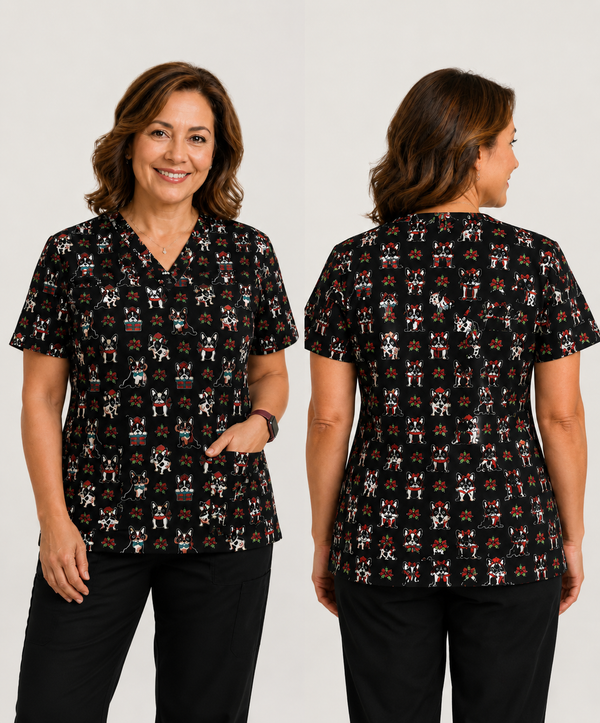 Women's 3 Pocket Printed V-Neck Scrub Top for Nursing