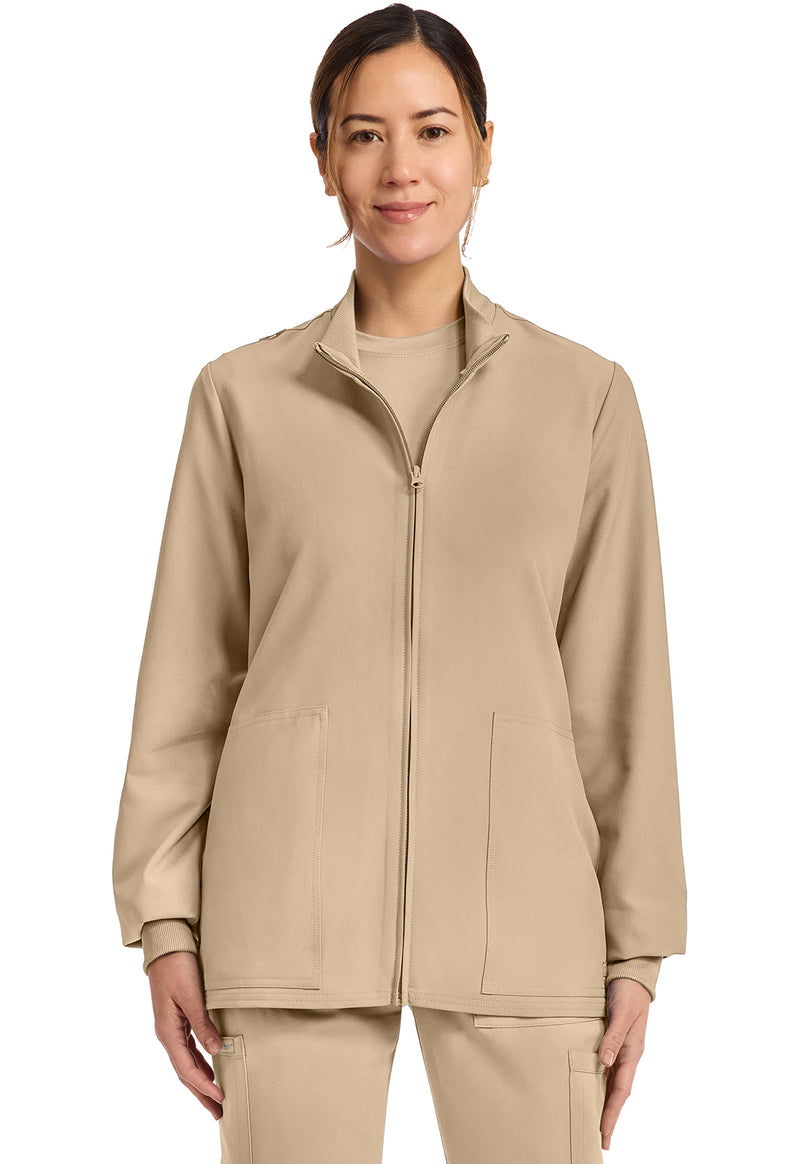 Khaki - Cherokee WW Originals Ultra Women Scrub Jacket - Front View