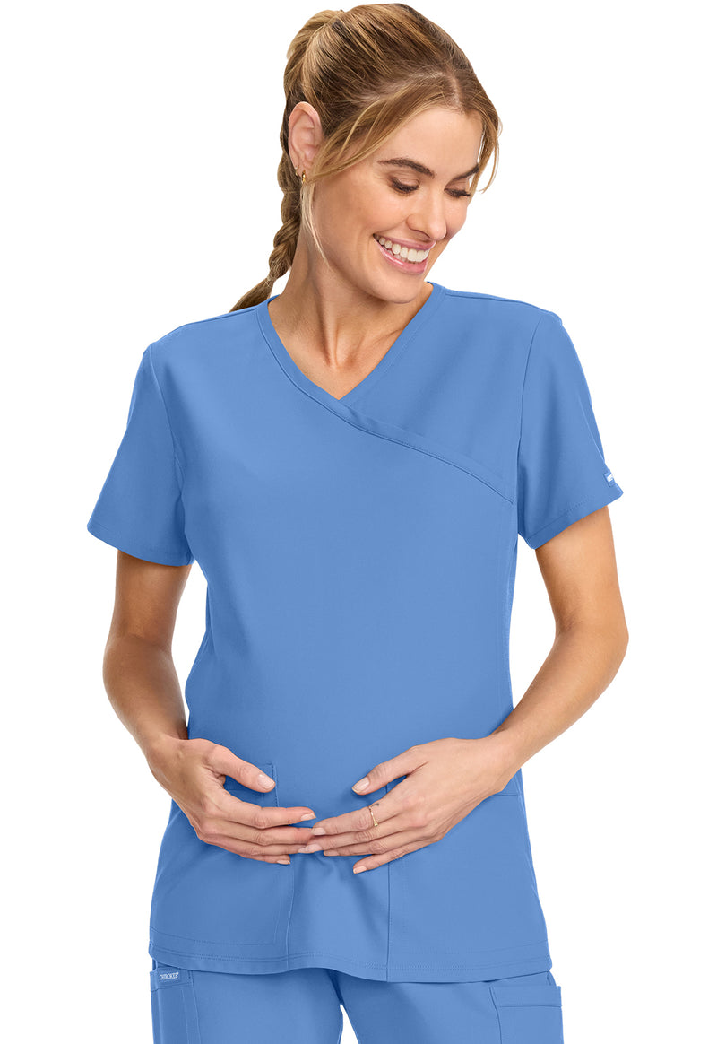 Ciel Blue - Women's Maternity Mock Wrap V-Neck Scrub Top (View 3)
