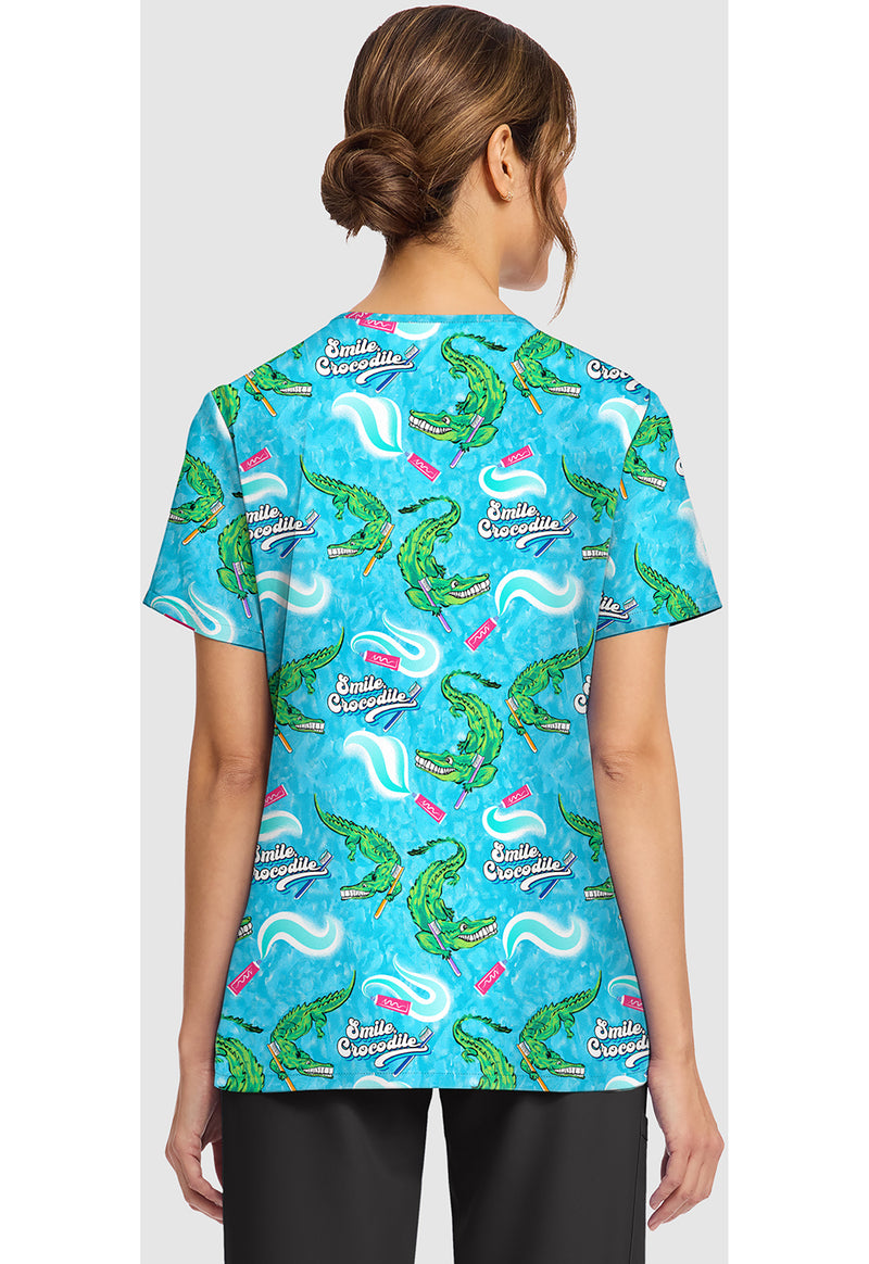 Smile Crocodile - Women's Print V-Neck Top (Back)