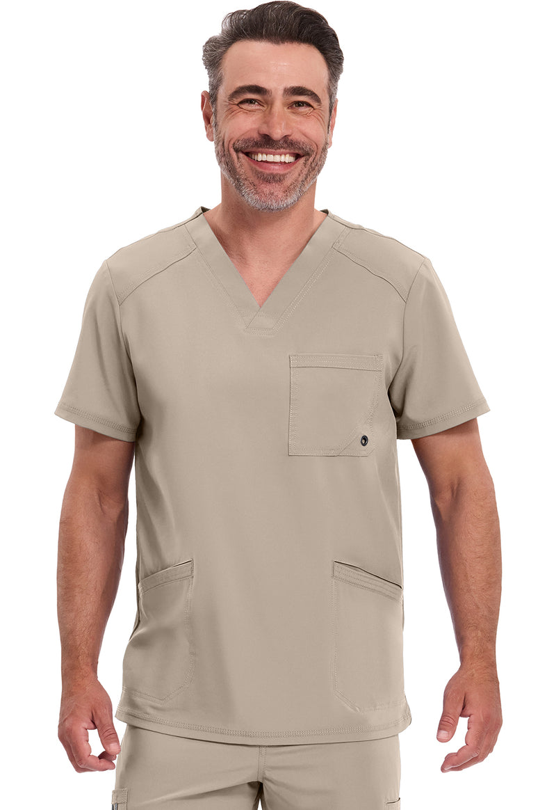 Khaki - Cherokee IN Infinity Men Scrub Top - Front View