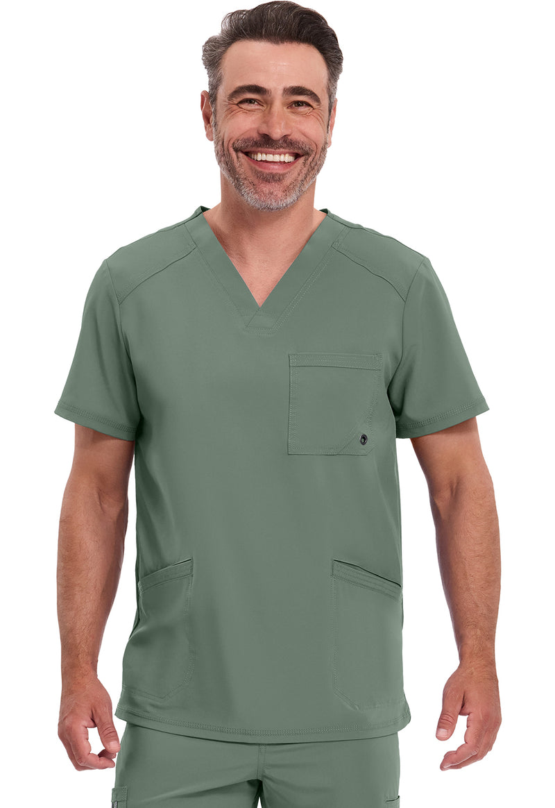 Olive - Cherokee IN Infinity Men Scrub Top - Front View