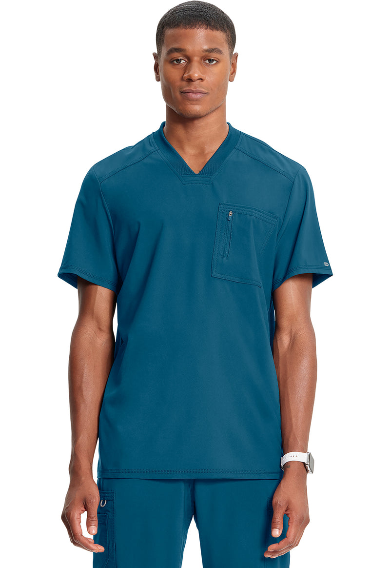 Caribbean Blue - Cherokee IN Infinity Men Scrub Top - Front View