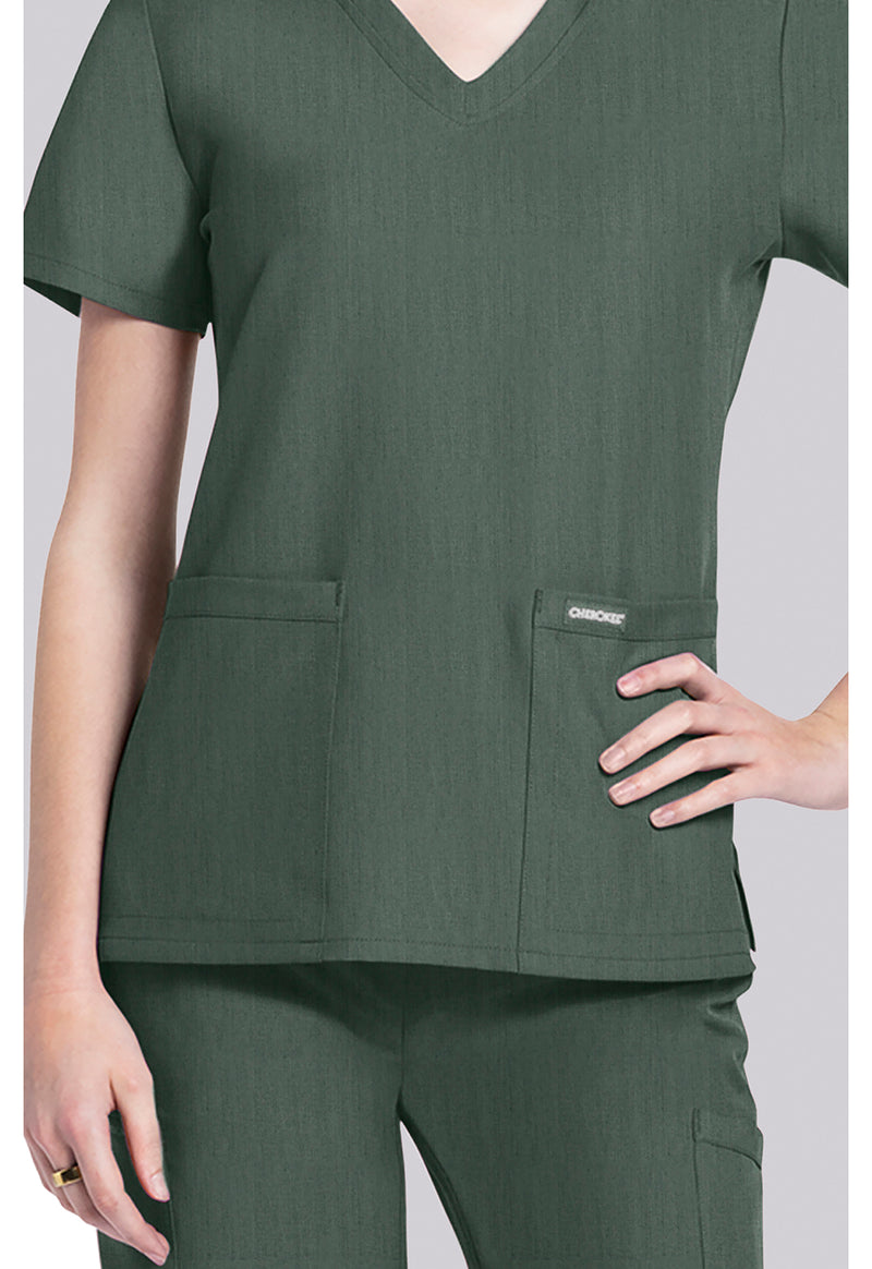 Heather Forest Moss - 2 pocket V-Neck Top (View 4)