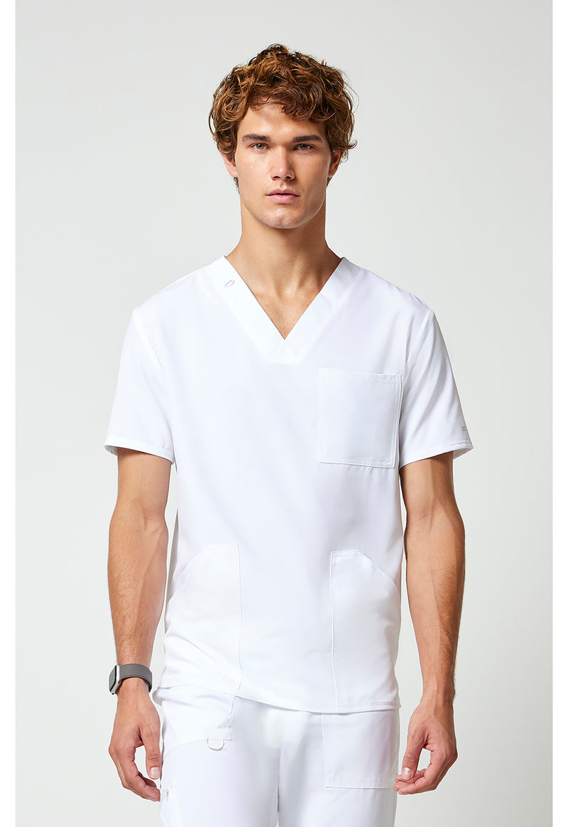 White - Cherokee Allura Men Scrub Top - Front View