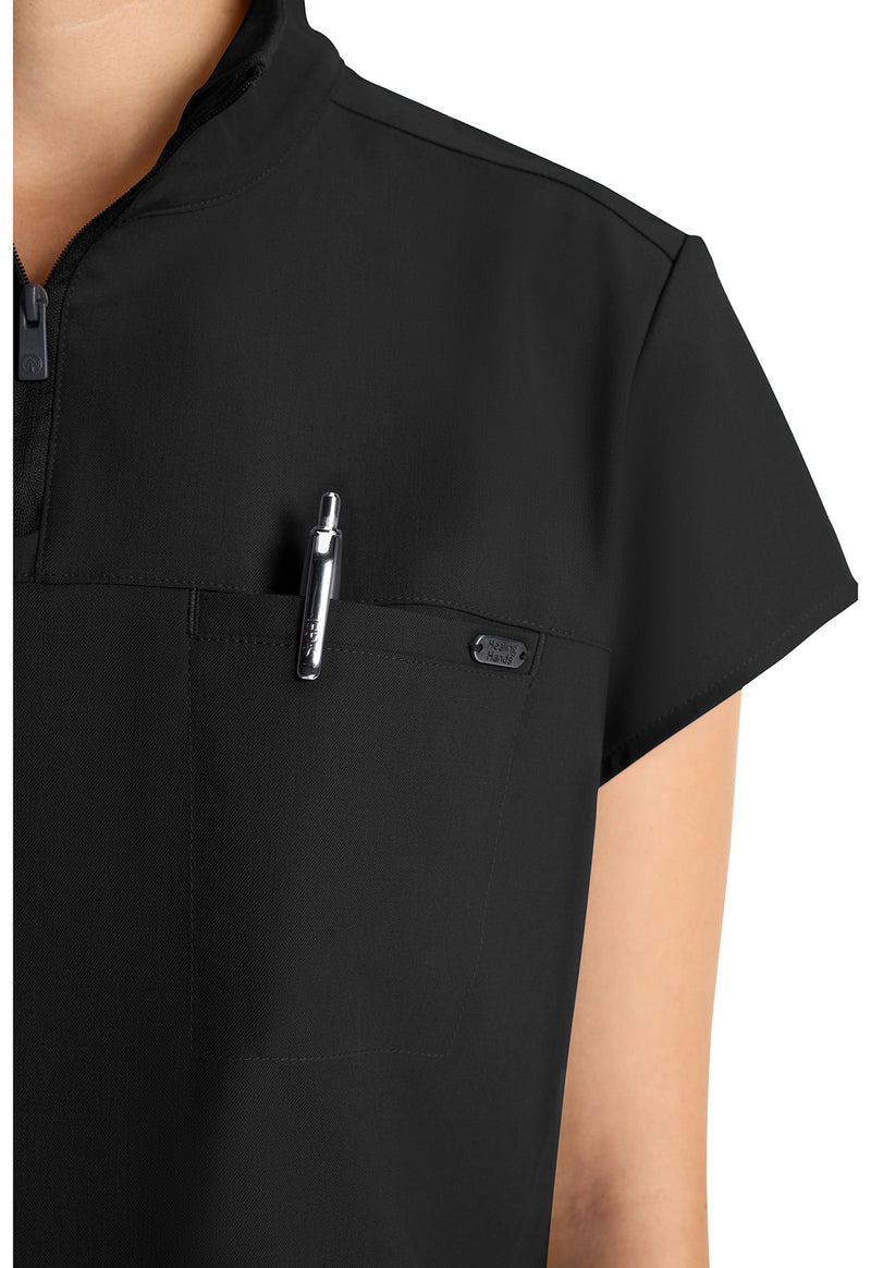 Black - Women's Partial Zip Stand Collar Scrub Top (View 3)